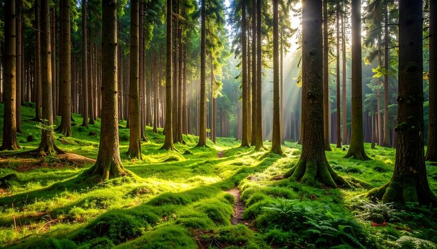 Sunlight streams through a dense forest (3)