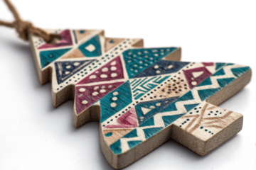 Handmade Christmas tree ornament with colorful geometric patterns a festive holiday decoration for seasonal celebrations isolated on white