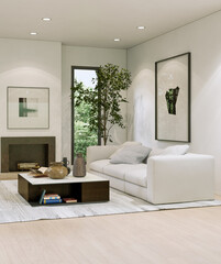 Large luxury modern bright interiors Living room mockup illustration 3D rendering image