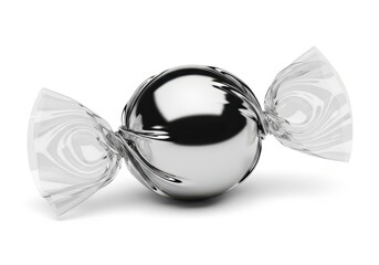 A single, shiny, metallic sphere candy wrapped in clear cellophane, isolated on white background