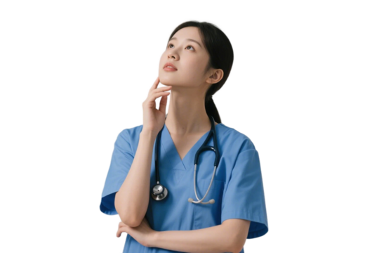 A female medical professional in blue scrubs with a stethoscope is deep in thought, indicating contemplation in a medical context.