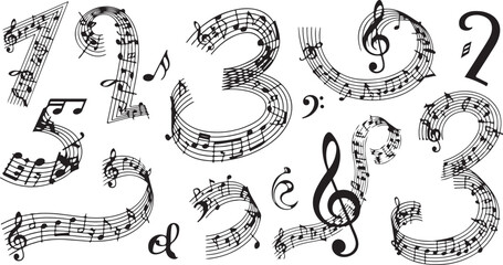 Artistic composition of musical notes and symbols forming abstract shapes and numbers on white background