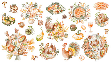 Watercolor Thanksgiving clipart pack with autumn elements, pumpkins, turkey, apples, acorns and leaves. Perfect for invitations postcards, cards, menu and festive compositions.