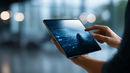 Closeup of hands using a sleek tablet with a holographic digital interface, symbolizing progress in tech. The scene represents digital transformation and smart device trends in 2024 - Powered by Adobe