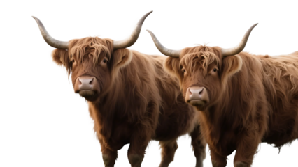 Two shaggy highland cows with long curved horns are standing, showcasing their distinctive shaggy coats.