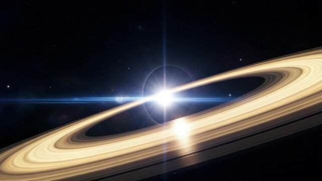 Spectacular cosmic panorama: glowing rings and celestial light in distant space exploration. 4k Video footage
