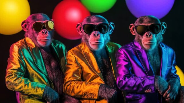 Funny chimpanzees in colorful jackets and sunglasses under neon light