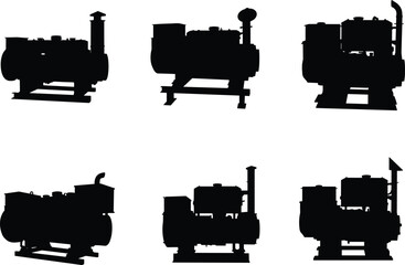 Diesel generator silhouettes, industrial power equipment, backup energy machines, electricity supply units, emergency generator, construction site power, heavy machinery, black vector icons