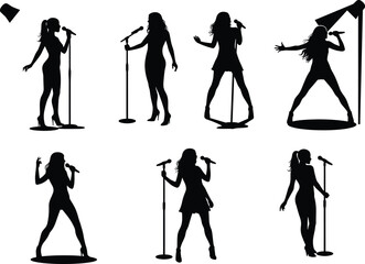 Female singer silhouettes, microphone performance illustration, music concert artwork, stage entertainment design, vocal artist concept, vector art, cad drawing flat vector illustration