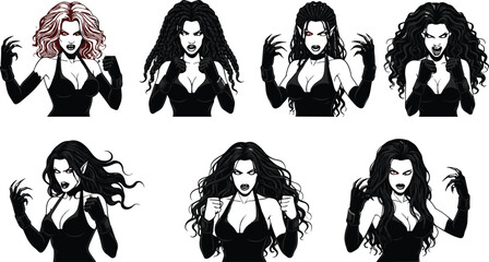 Female vampire characters, gothic fantasy women, dark supernatural figures, horror illustration, fanged portraits, mystical identity, black outfits, vector art, fantasy icons