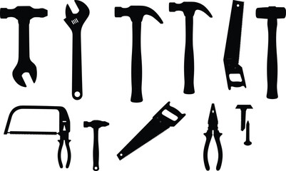 Hand tool silhouettes, mallet, wrench, hammer, saw, hacksaw, pliers, screw, nail, carpentry tools, construction equipment, workshop tools, black vector illustration