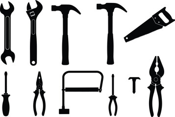 Hand tool silhouettes, wrench, hammer, saw, screwdriver, pliers, carpentry tools, mechanical repair, construction equipment, black vector icons, workshop tools