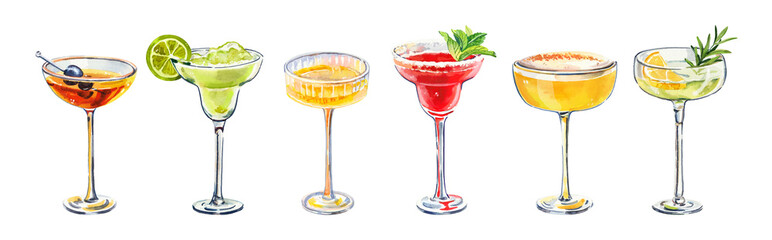 Set of watercolor hand painted summer aperitif cocktails glass simple sketch illustration on white background. DIY elements for bar menu, social media, ads and posters