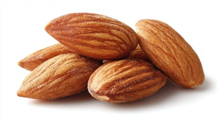 Pile of whole almonds isolated on white background, healthy snack concept