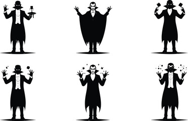Magician character silhouettes, gothic fantasy figure, vampire style, supernatural powers, dark fantasy art, horror illustration, black vector icons, mystical poses