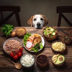 Dog gazing at a table laden with a varied and healthy meal