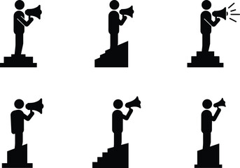 Silhouette podium speakers, megaphone communication icons, public announcement illustration, leadership concept design, protest rally artwork, vector art, cad drawing flat vector illustration