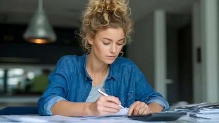 A thoughtful young woman sits at a desk in a contemporary home interior, writing on documents and using a calculator. The scene captures a productive remote work or study environment - Powered by Adobe