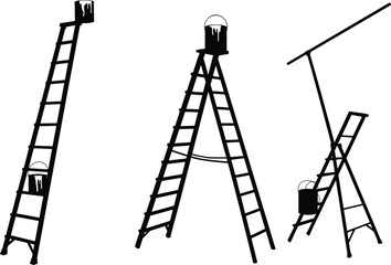 Multiple ladders with paint buckets in silhouette style, isolated on white background, used for painting, construction, renovation, and DIY projects.