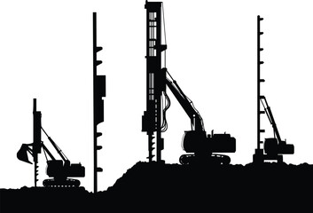 Pile driving machine silhouettes, construction equipment, heavy machinery, screw pile foundation, 
