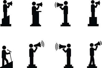People with megaphones, public speaking icons, protest communication illustration, announcement design concept, social influence artwork, vector art, cad drawing flat vector illustration