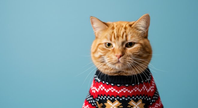 Cute cat celebrating ugly sweater day in festive holiday outfit on blue background