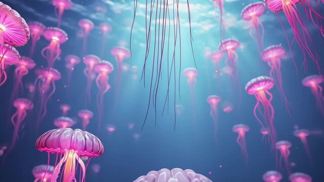 Beautiful pink jellyfish swimming in blue ocean water