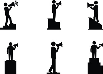 Silhouette people with megaphones, podium and platform speakers, public announcement icons, leadership communication artwork, protest rally vector art, cad drawing flat vector illustration