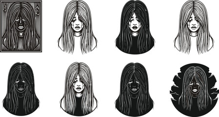 Stylized portrait silhouettes, artistic face illustration, emotional expression, identity concept, long hair figure, dark mood, graphic art, black vector icons