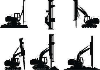 Pile driver silhouettes, construction machinery, heavy equipment, deep foundation rigs, soil drilling machines, geotechnical engineering, excavation tools, screw pile drivers, black vector icons