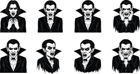 Vampire character expressions, gothic fantasy figure, emotional portraits, horror illustration, dark fantasy art, supernatural identity, black vector icons, dramatic faces