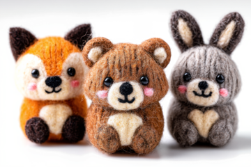 Adorable set of knitted animal toys including a fox bear and rabbit perfect for childrens decor and handmade gifts