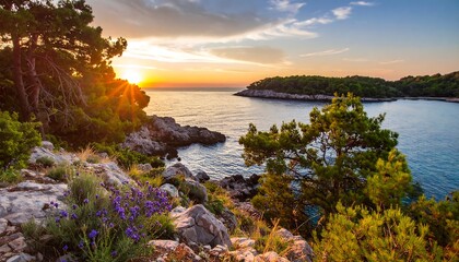 Scenic coastal sunset over tranquil bay