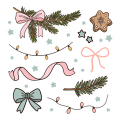 Charming, elegant Christmas doodle illustration set with bows, ribbons, pine branches, stars, and gingerbread cookie. Cute decorative elements for festive cards and holiday designs.