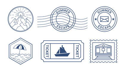 Vector art of a collection of blue stamplike illustrations depicting travel and summer themes, including mountains, beach, and train