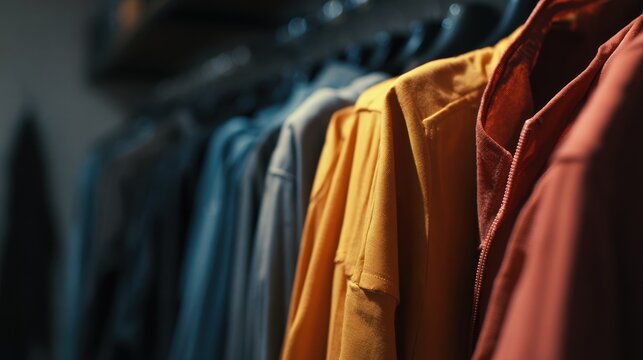 Medium shot focusing on recycled polyester garments hanging neatly showcasing commitment to circular fashion and waste reduction.