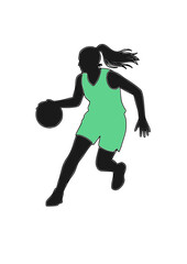 Female basketball player running and handling a ball