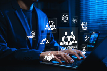 Onboarding new employee process concept. A businessman using laptop with icons representing onboarding process, training, recruitment, communication, hiring, development, and employee integration.