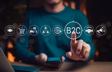 B2C marketing and e-commerce concept. Business to consumer, Businessman touching icons for online shopping, digital marketing, consumer analytics, delivery service, customer engagement strategy,