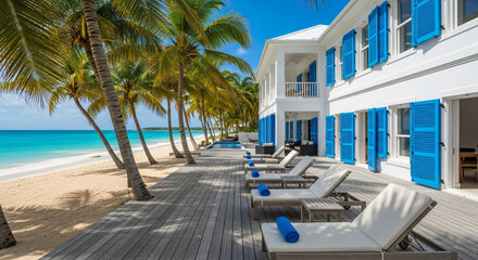 Stunning Caribbean beachfront villa or boutique hotel exterior, white architecture with blue shutters, palm trees swaying, turquoise ocean waves in background, wooden deck with loungers