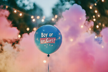 Elegant outdoor gender reveal party with a giant "Boy or Girl?" balloon at the center, surrounded by pastel pink and blue smoke, fairy lights, and a dreamy bokeh effect Generative AI