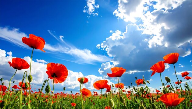 Field of vibrant red flowers under a bright blue sky with clouds - Powered by Adobe