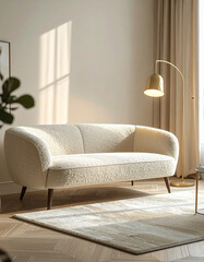 Minimalist living room with soft beige sofa and elegant lighting