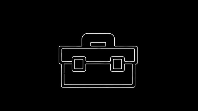 Professional white outline tool box animation, 4K line art with alpha transparency and clean business-inspired aesthetic.
