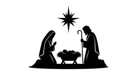 A striking black silhouette depicts the holy Nativity scene: Mary, Joseph, infant Jesus, manger, and the Star of Bethlehem, symbolizing Christmas.