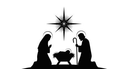 This silhouette portrays the Nativity scene with Mary, Joseph, and infant Jesus under the Star of Bethlehem, symbolizing the true spirit of Christmas.