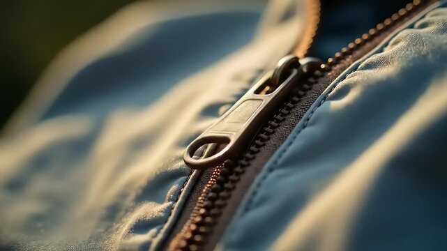 Closeup of jacket zipper with outdoors.