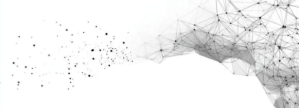 a white background with a white mesh pattern, featuring low-poly lines and dots on the left side of an abstract shape composed of many connected line paths Generative AI