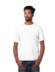 Obraz premium Man wearing stylish t-shirt on white background. Mockup for design