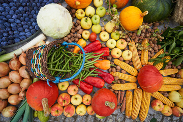 Traditional harvest celebration artwork made from fruits, vegetables, and grains